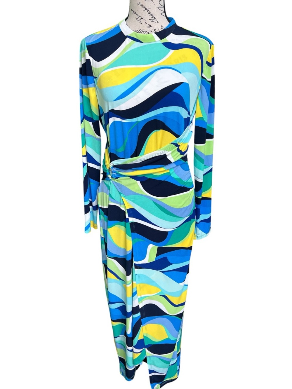 London Style Multicolor Wave-Print Long Sleeve Dress - Blue, Green, Yellow